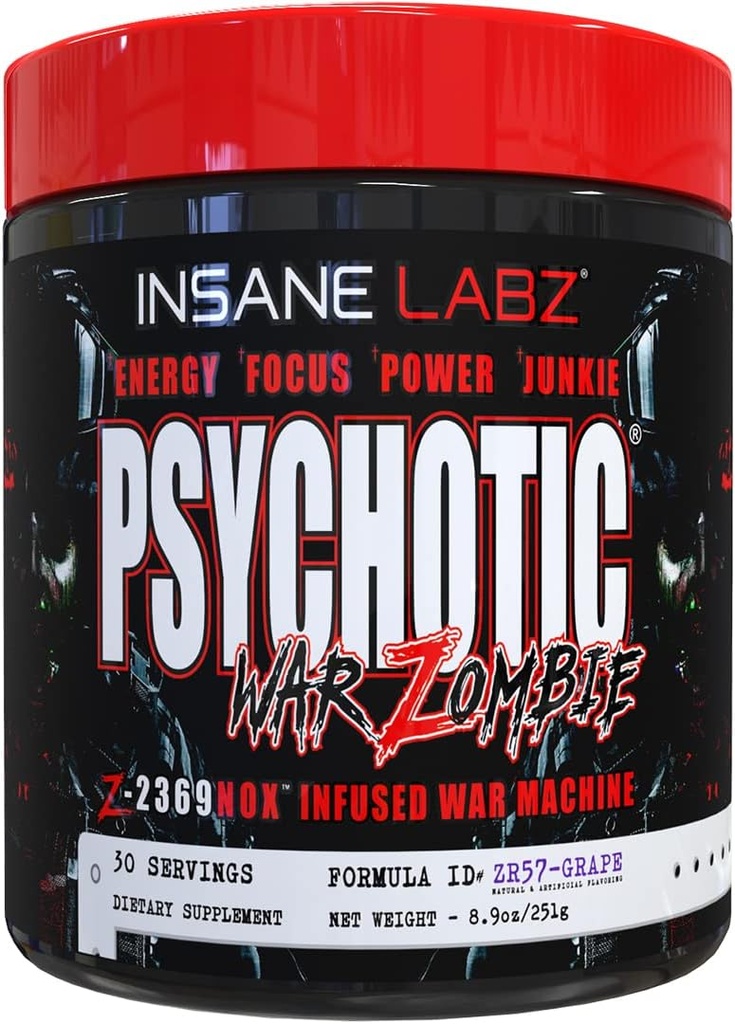 Insane Labz Psychotic War Zombie High Stimulant Pre Workout Powder, Extreme Lasting Energy, Focus and Pump with Beta Alanine, L-Arginina, 30 Servings (Grape)