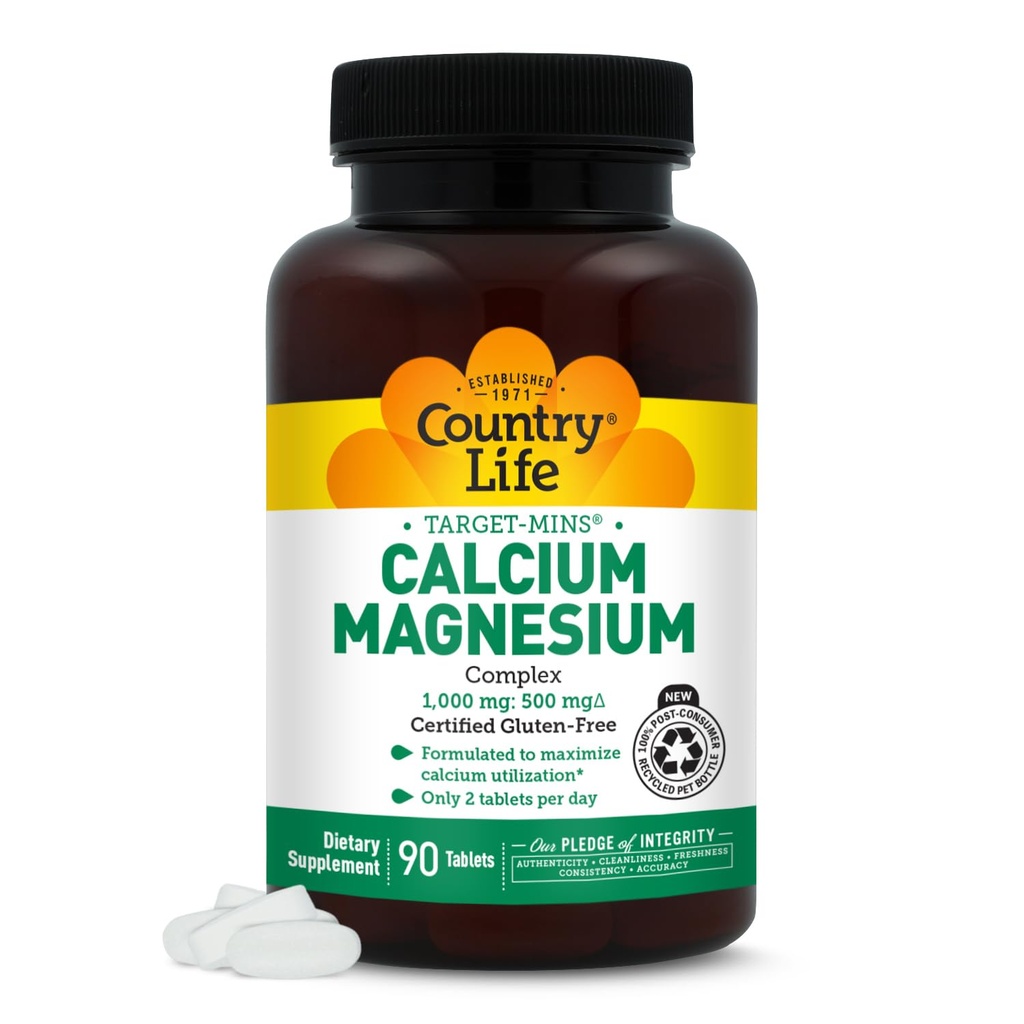 Country Life Target-Mins Calcium Magnesium Complex 1000mg/500mg, 90 compresse, Gluten Free certificato, Vegan certificato, Non OGM verificato