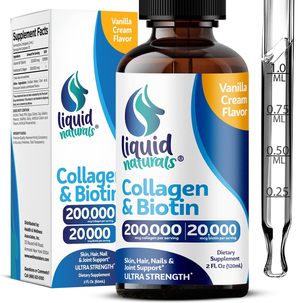 Collage liquido e biotina, 2 Fl. Oz, Integratori di collagene ultra-forza per le donne, Biotina testata di terze parti per la crescita dei capelli Donne, Unghie e Vitamine di pelle B7 Collageno Peptidi – Vanilla Flavor
