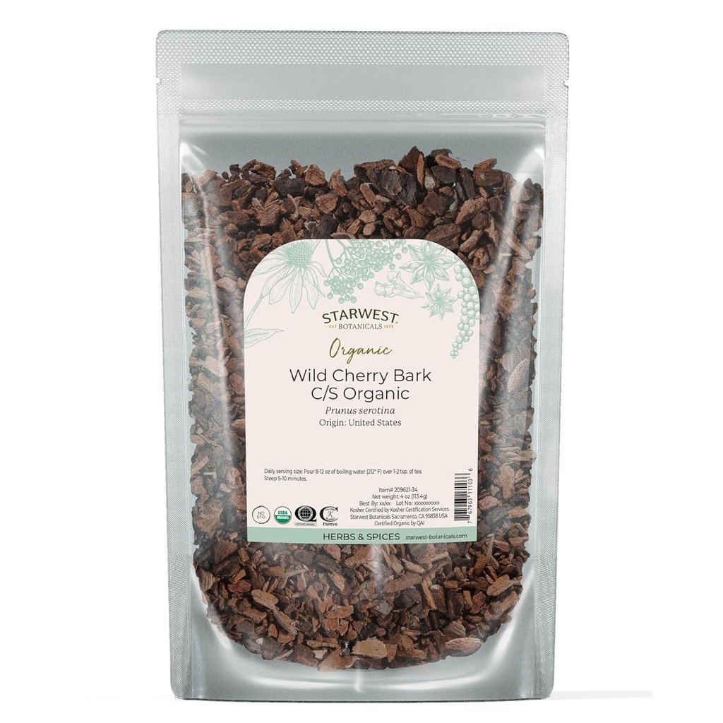 Botanical Wild Cherry Bark Organic - Erbe di foglia secca per tè, sirup, & miscele naturali di erbe, Prunus Serotina, Cut & Sifted, Kosher certificato, Non-GMO - 4 oz Pouch