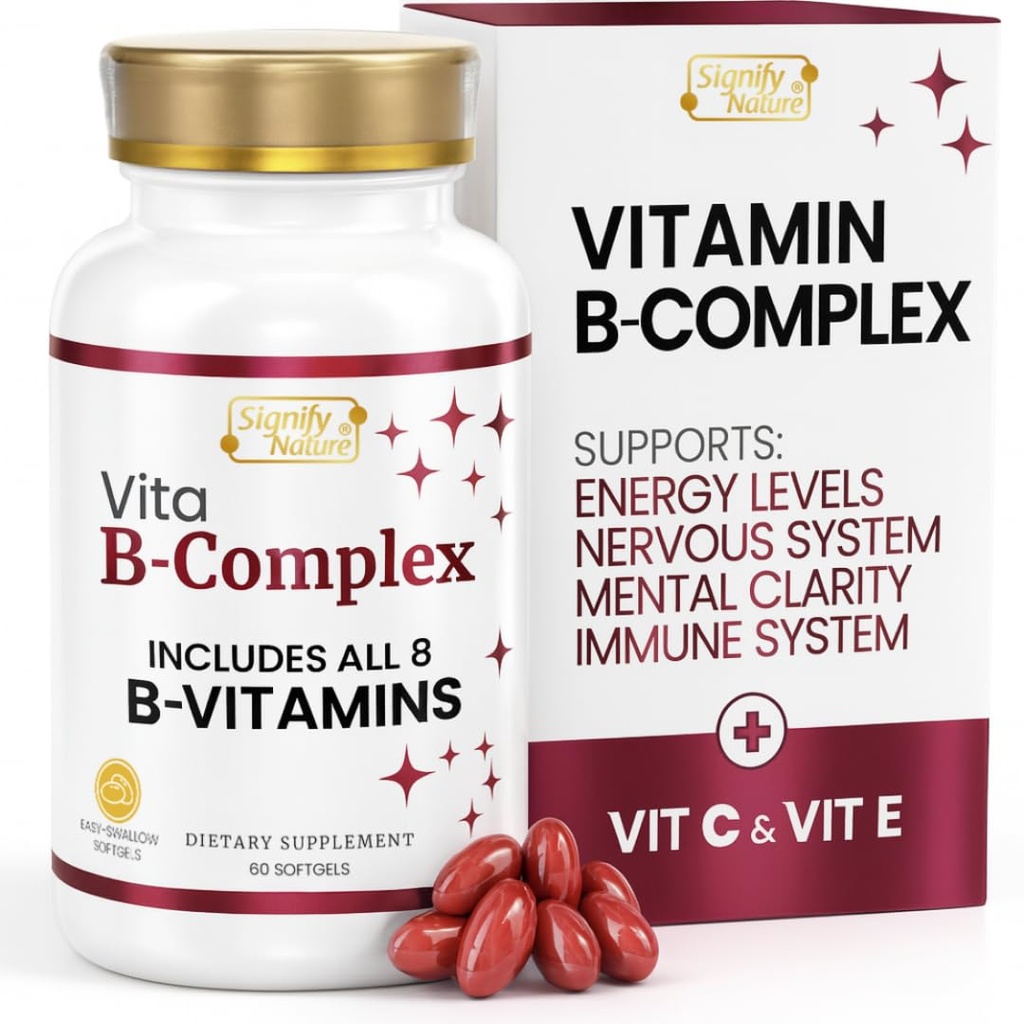 SIGNIFY NATURE VitaBComplex con Vitamina C ed E, B Vitamine Complesse per Donne & Uomini, Integratori BComplex, VIT B1, B2, B3, B5, B6, B8, B9, B12, Super B Softgels - 60 CT