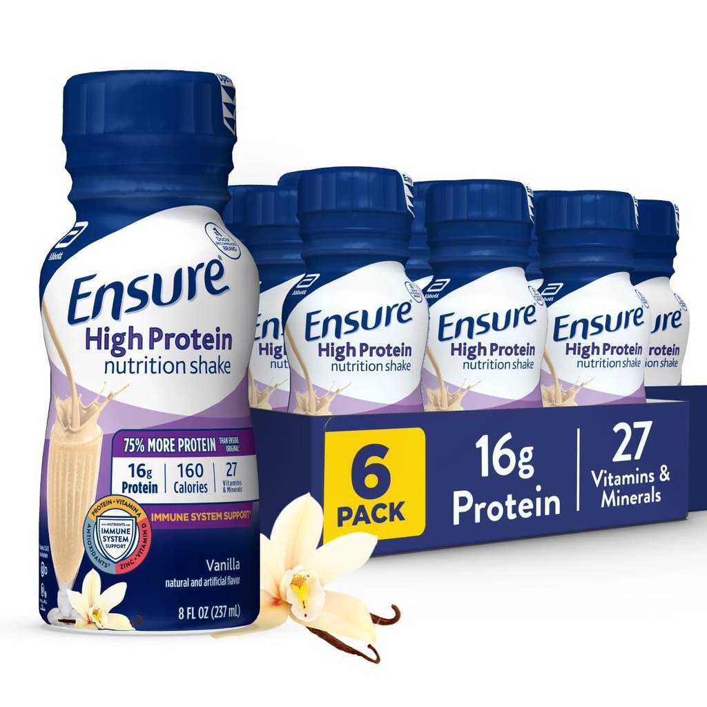 Assicurare l'alta crema di Vanilla Nutrition Shake con fibra, pronto a bere, 16g Protein e 27 vitamine e minerali, 8 fl oz, 6 Pack