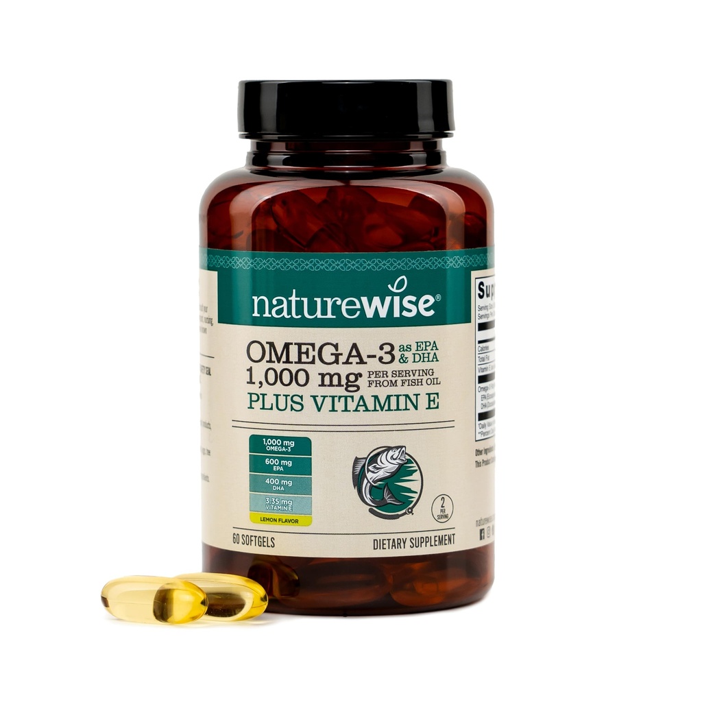 NatureWise Extra-Strength Omega 3 Fish Oil Supplement - 1000mg per Serving - 600 EPA & 400 DHA e vitamina E - Supporto per la salute del cuore e del cervello - Limone Flavor, OGM-Free - 60 Softgels[1-Month Alimentazione]