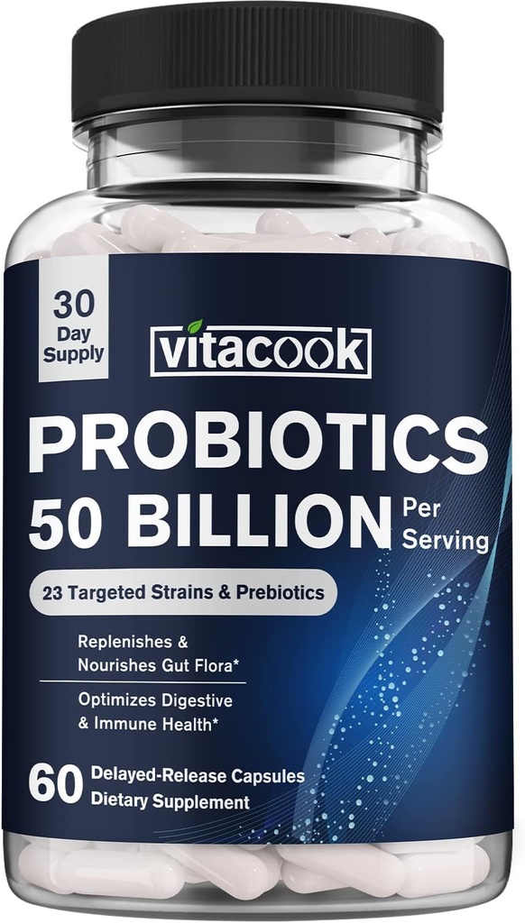 Probiotici 50 miliardi, 23 Strains con prebiotici organici, supporto digestivo e immunitario, Freeze-Dried, Rilascio ritardato, meglio di uno yogurt Dozen, 60 caps Vegan