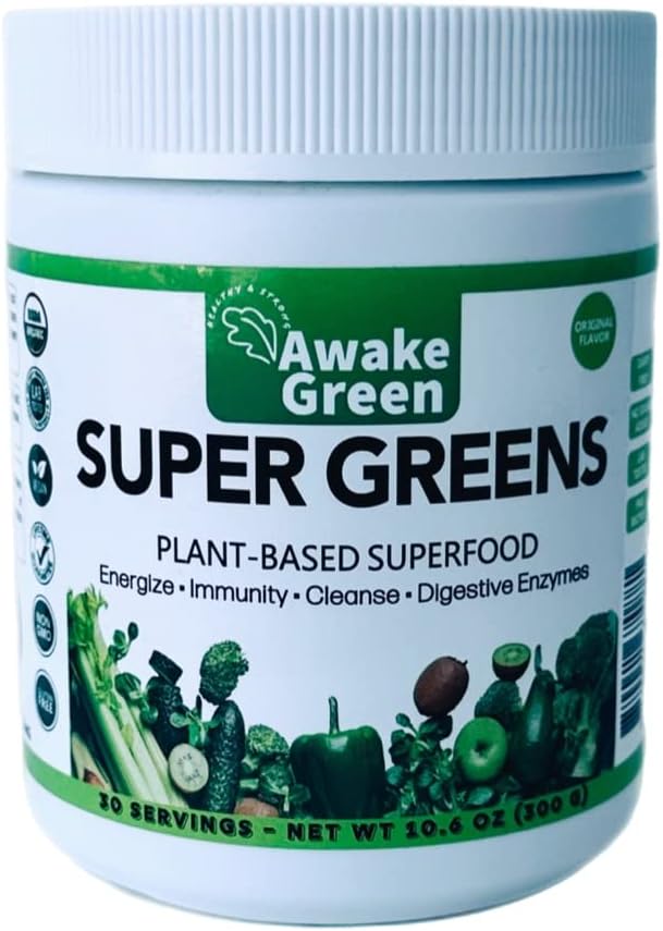 Awake Green - Super Greens - Superfood Powder - USDA Organic Non-GMO Vegan Supplement - per Digestivo & Bloating Relief - 20+ Cibi interi (Spirulina, erba di grano, orzo), Probiotici, Fiber & Enzymes
