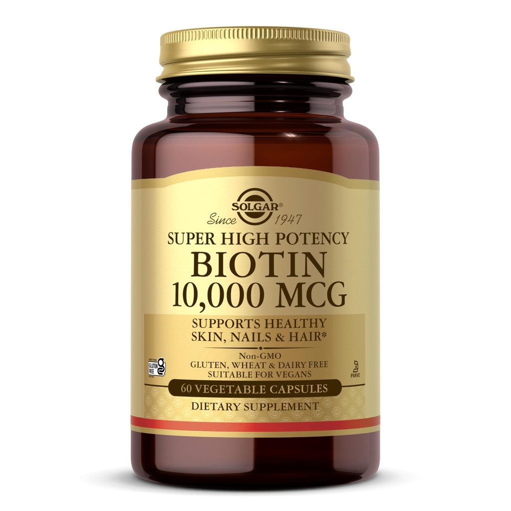 Solgar Biotin 10.000 mcg, 60 capsule vegetali - Energia, Metabolismo, promuove pelle sana, unghie e capelli - Super alta potenza - Non OGM, Vegan, Gluten Free, Dairy Free, Kosher - 60 Servings