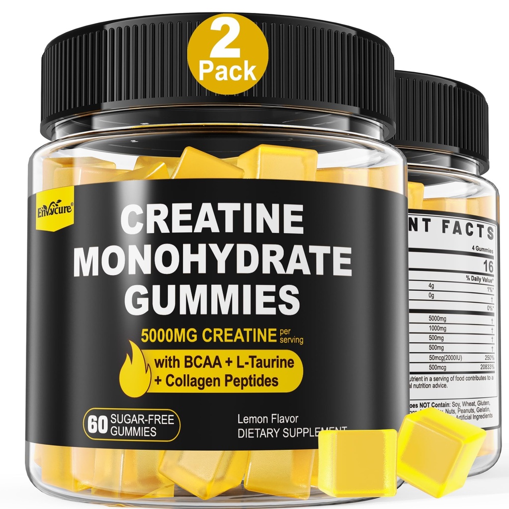 Gummie monoidrate di creatina per uomini e donne - con BCAA, Peptidi di collagene, L-Taurina, Vitamina B12, D3, Chewables Creatine Monohydrate 5g Per Serving, Natural Lemon Flavor, Sugar Free, 2 Pack
