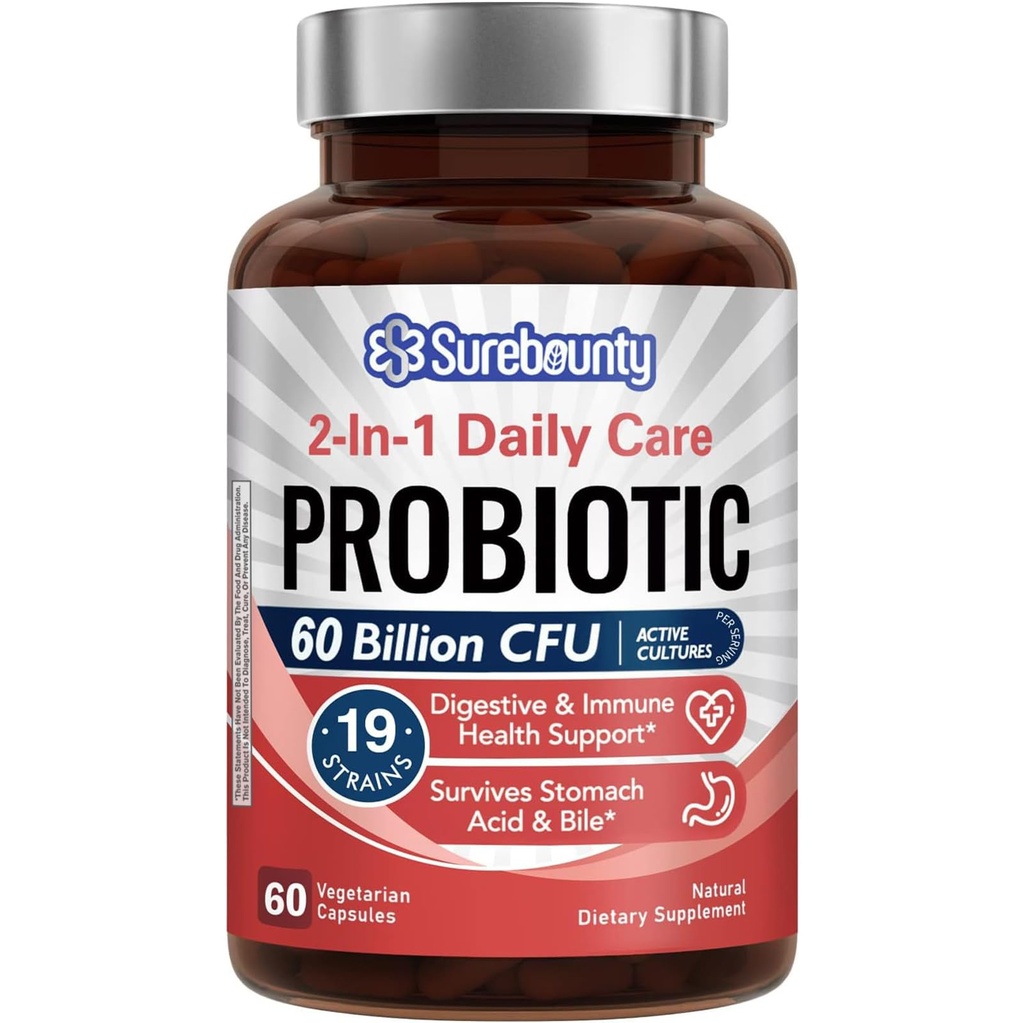 Probiotici 60 miliardi di CFU 19 Strains per uomini e donne, con 100 mg Prebiotico, Shelf Stable, 2 in-1 Daily Care Probiotico, Non OGM, Digestivo & Immune Health, 60 capsule vegetali