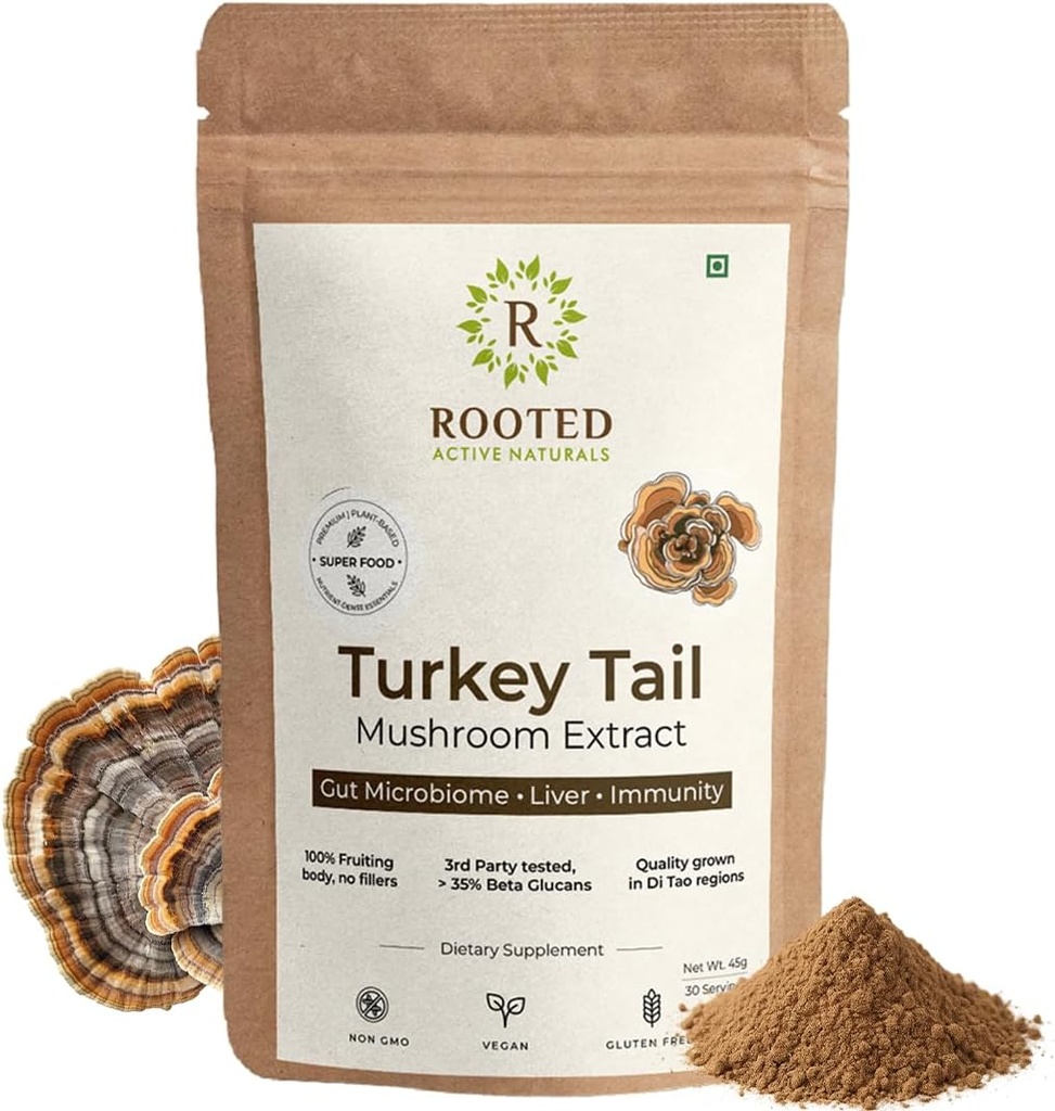 Polvere dell'estratto del fungo della coda della Turchia di ROOTED Active, certificata da USDA & EU Organic| 35% Beta Glucans - Lab verificato | Gut Health, fegato, supporto immunità (2.11 once)