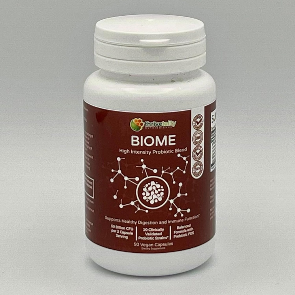BIOME High Intensity Probiotic Blend by Thrivetality | #1 Physician Formulated | Clinically Proven | 10 Strains convalidato + Prebiotico | 50 miliardi di CFU | Supporto digestivo e immunitario