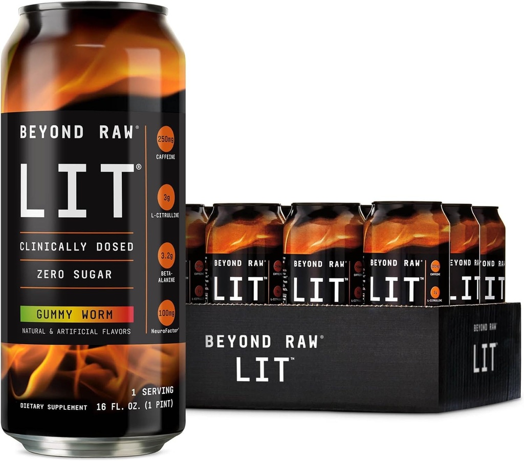 BEYOND RAW LIT Pre Workout, Gummy Worm, per energia, messa a fuoco, intensità e pompe, con Nitric Oxide Boost, Zero Sugar, 250 mg di caffeina con Beta Alanine, 12 cans