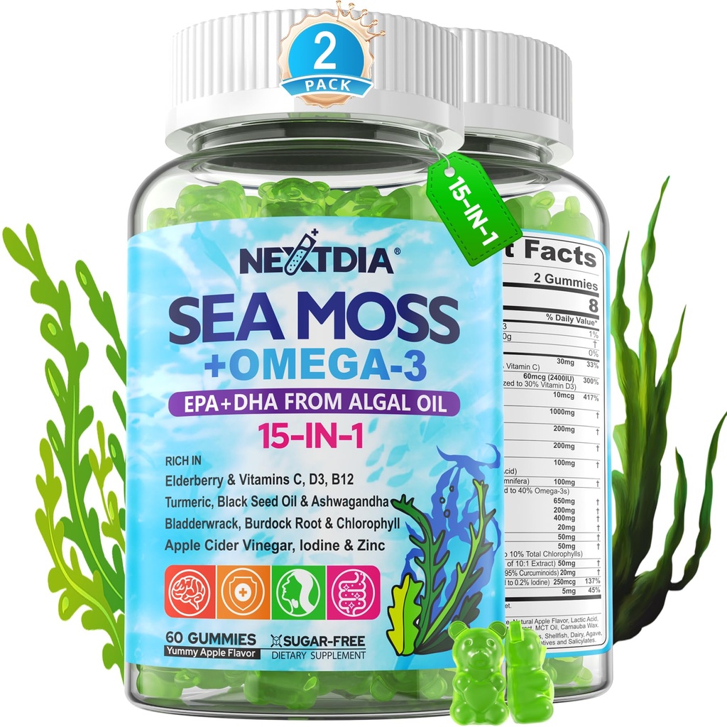 Gummies Sea Moss + Algae Omega-3 per Adulto, 15-IN-1 Organic Irish Sea Moss Superfood con/Vitamins C D3 B12, Turmerico, Bladderwrack, Supporti Energia, Cervello, Immune, Vita quotidiana, Senza zucchero, 120 Ct