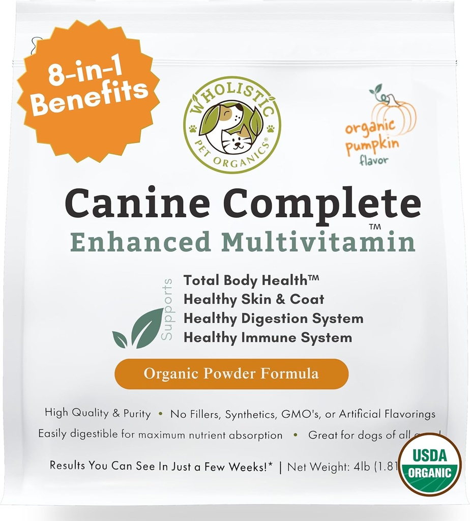 Canina completa Wholistic Pet Organics Canine - Cane Multivitamin Polvere - 4 Lb - Vitamine e Integratori di Cane Giornalieri per alimenti fatti in casa - Sistema immunitario, Pelle, Cappotto & Salute complessiva - Piccola e Grande Razza