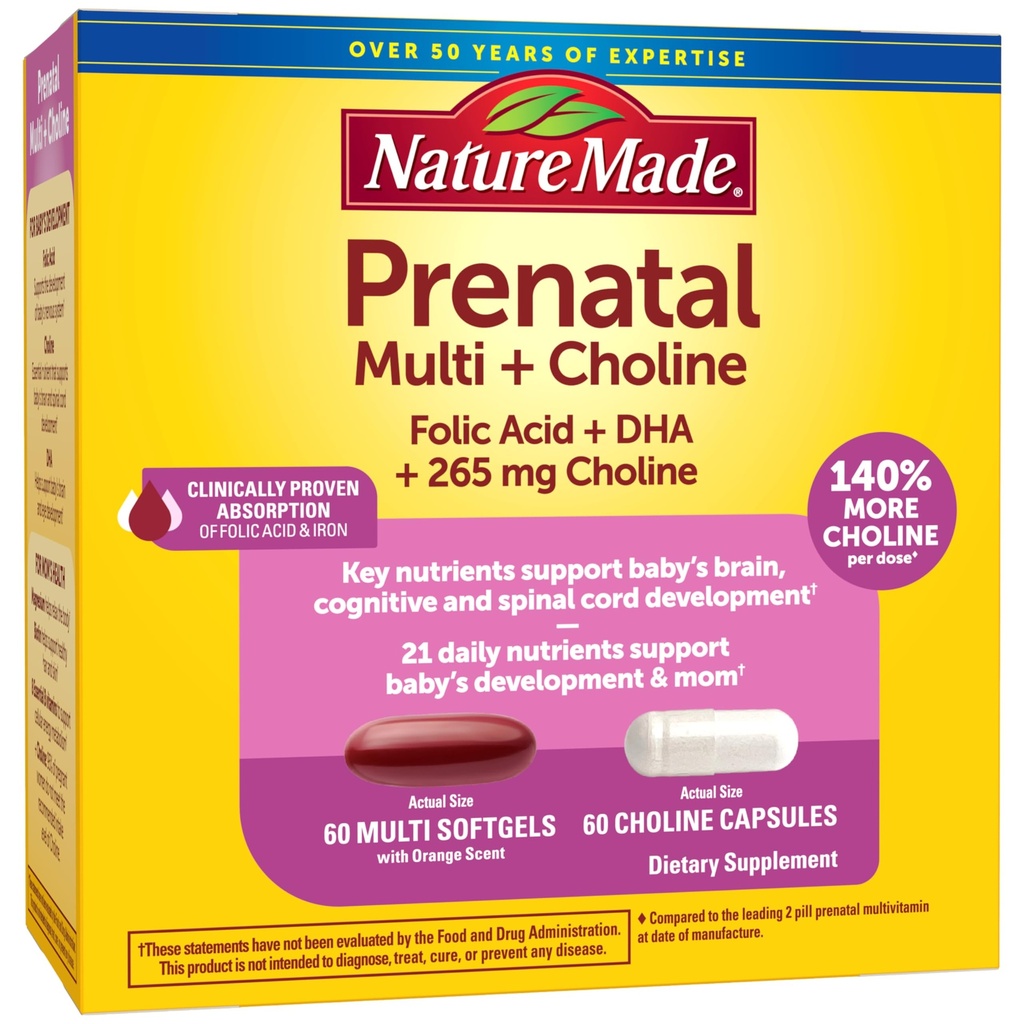 Natura fatta Prenatale Vitamina Softgels + Capsule Choline, Acido Folico + DHA + Choline, 60 vitamine prenatali per le donne, 60 capsule di integratori di colina, 60 giorni di alimentazione