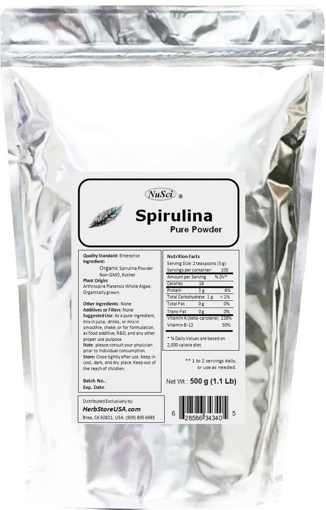 Spirulina biologicamente coltivata 100% polvere pura 500g (1.1 lb) OGM fresco libero non irradiato