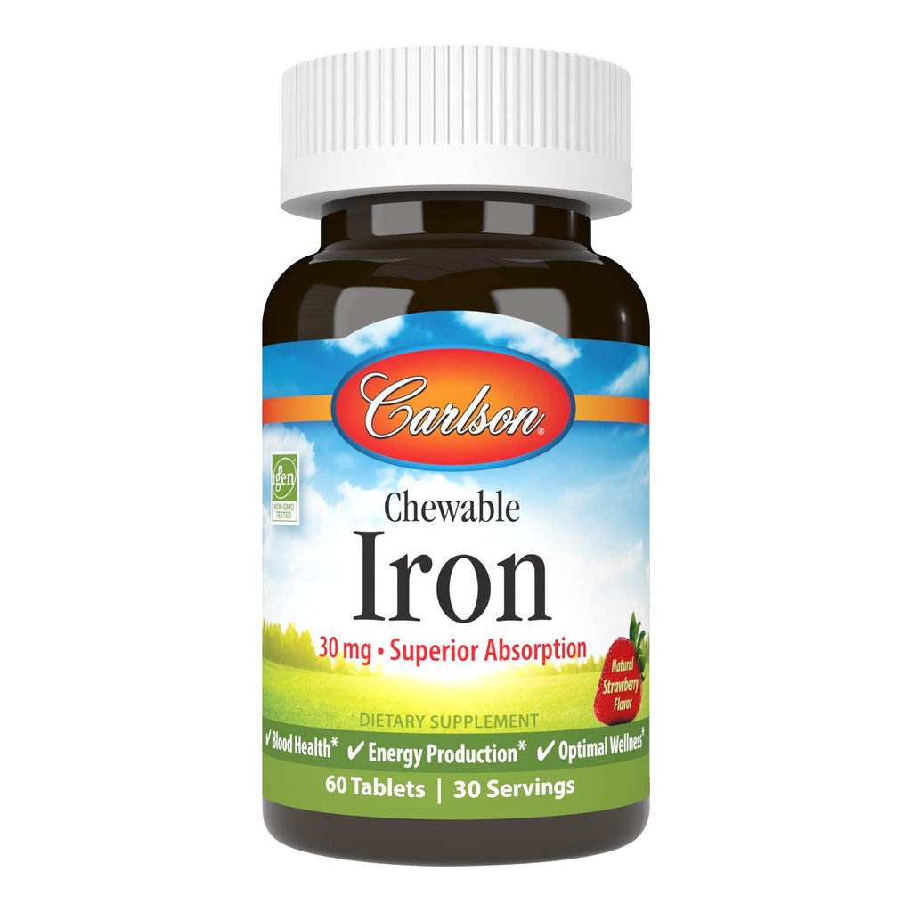 Carlson - Ferro da stiro masticabile, 30 mg, Assorbimento Superiore, Salute Sangue, Produzione Energetica e Benessere ottimale, Aroma di fragola naturale, 60 compresse