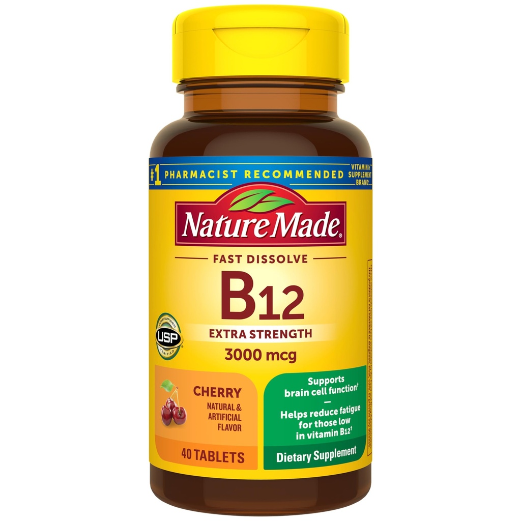 Natura fatta vitamina B12 3000 mcg, facile da prendere bilingue B12 per il supporto del metabolismo energetico, 40 compresse dissolvere senza zucchero, 40 giorni di alimentazione