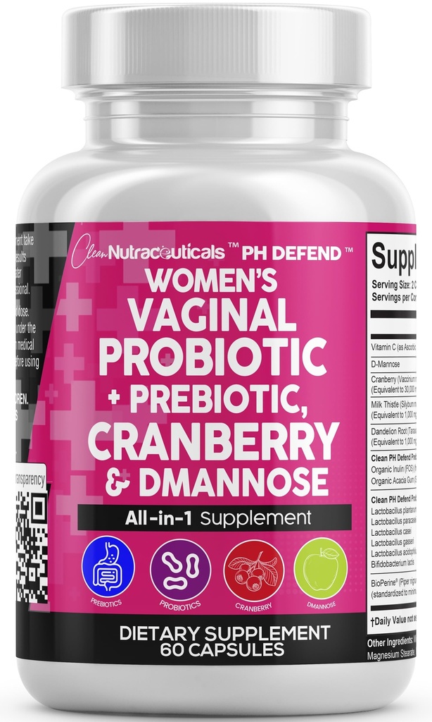 Probiotici vaginali per le donne con mirtillo, D-Mannose, prebiotici, pH Balance Support, Feminine Health, Urinary Tract Cleanse – Capsule Alternative a Gummies – 60 Conte