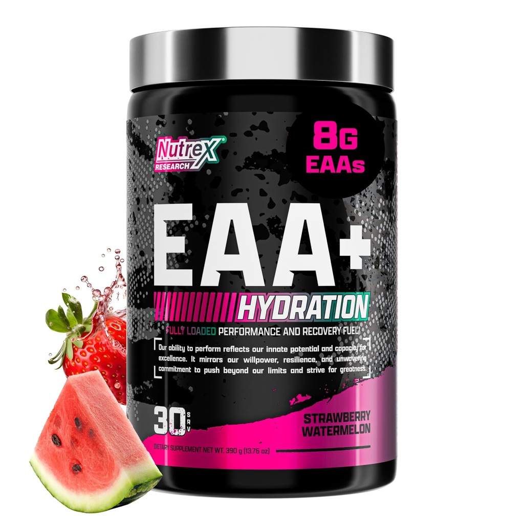 Nutrex Research EAA Hydration | EAAs + BCAA Powder | Recupero del muscolo, Forza, costruzione del muscolo, Endurance | 8G Aminoacidi essenziali + Elettroliti | Anguria di fragola 30 Serve
