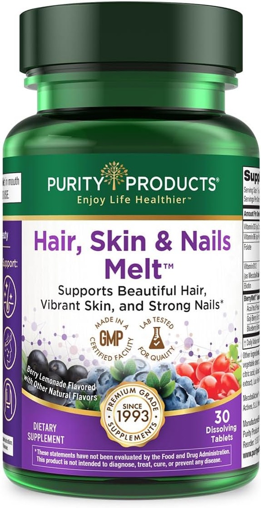 Prodotti di purezza Capelli, Pelle + Unghie Melt 1000mcg B-12 + 2500mcg Biotin Energy Berry Melt - Delicious Berry Lemonade Flavor w/Super Fruits - B12 Methylcobalamin - 30 compresse di fusione