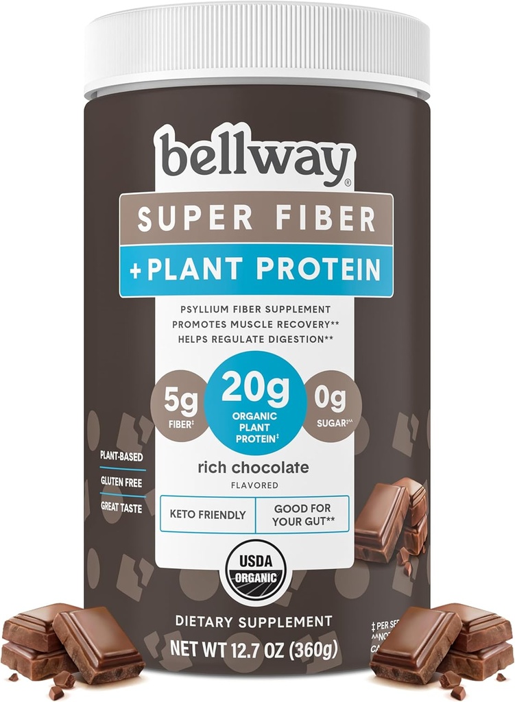 Bellway Super Fiber + polvere di proteina, polvere di supplemento di fibra di Psyllium organico senza zucchero con 20g Protein Per Serving, Cioccolato ricco, 12,7 oz