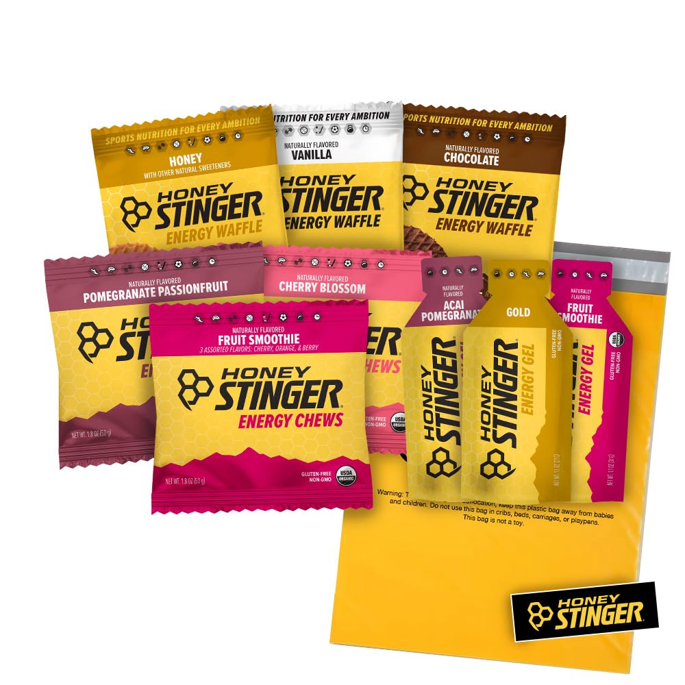 Honey Stinger Training Kit – 9 Count Plus Sticker e Polybag – Fonte di energia per qualsiasi attività – 3 waffle organici, 3 pacchetti di energia Chews & 3 Energy Gel