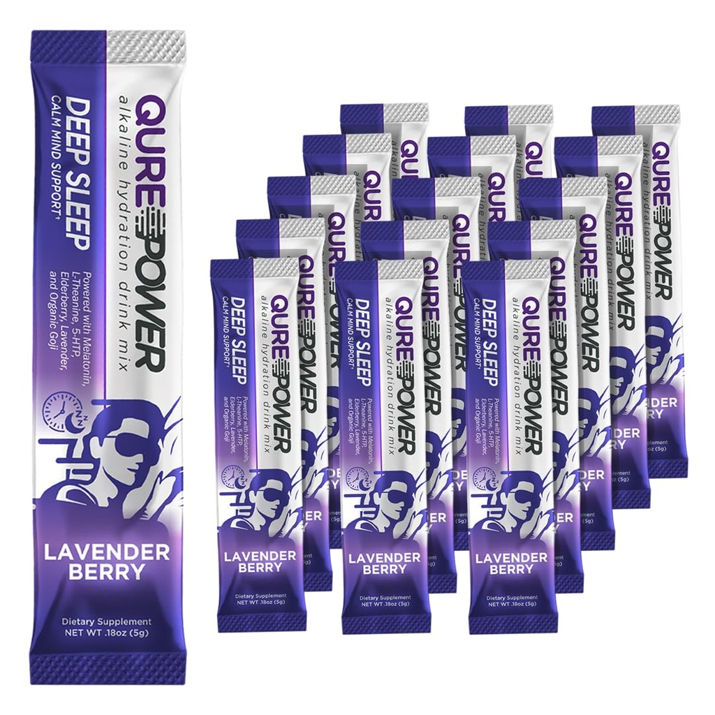 QURE Deep Sleep Aid Drink Mix w/ 5mg Melatonin & L-teanina per Stress Relief | Non - Habit Forming Magnesium & 5 - HTP Powder | Alkaline Hydration | 15 Sticks (1 Box)