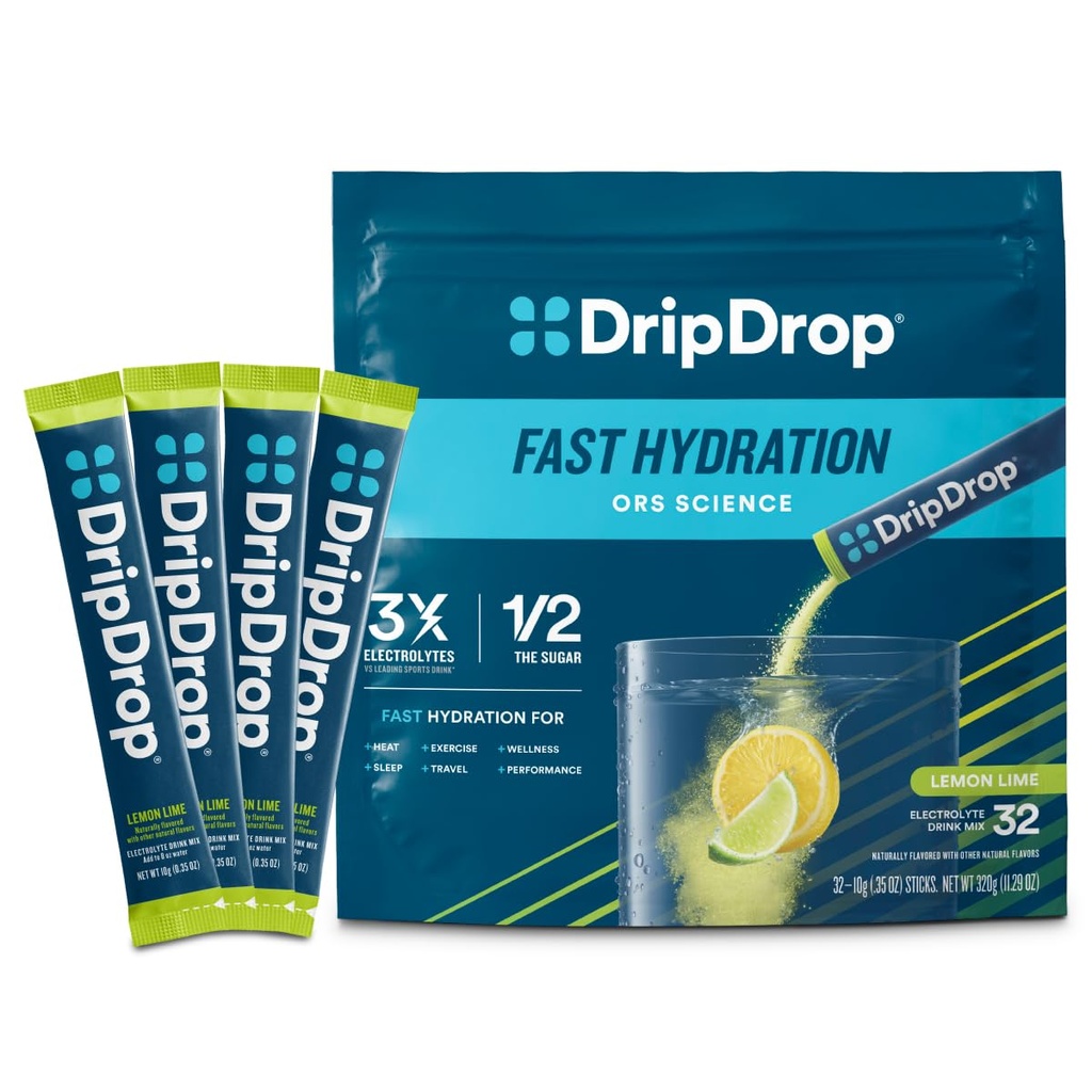 DripDrop Hydration Packets - Lime di limone - Miscela di bevanda di elettroliti a singola dose - Non OGM, Senza glutine, Vegan - 32 Stick