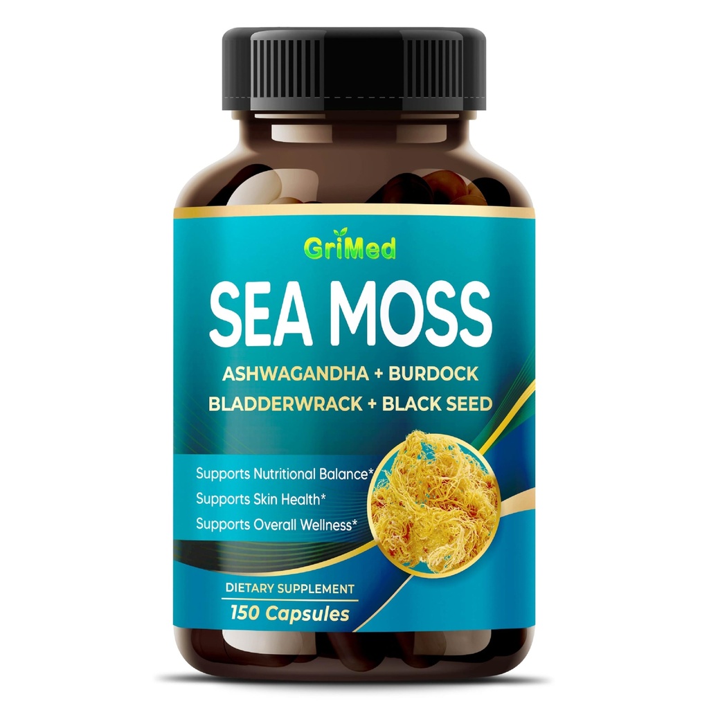 Premium Sea Moss con Ashwagandha, Burdock Bladderwrack, Black Seed for Immune System, Skin, Digestion & Energy- Made in the USA (150 Count (Pack of 1))