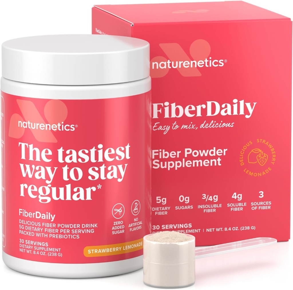 Polvere di fibra deliziosa di FiberDaily - Husk di Psyllium Organico, Agave Inulin & Sunfiber® Guar Gum Fragola Limonata Bevanda, senza zucchero, fibra solubile, Prebiotico Fiber Supplement, Vegan, 30 Servings