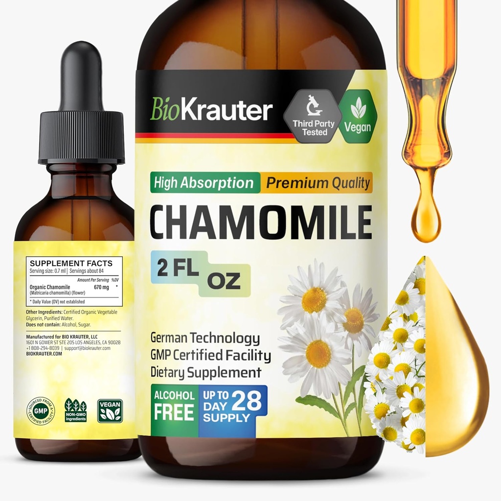 BIO KRAUTER Camomilla Fiori Tintura - Estratto di camomilla - Contiene Apigenin - Supplemento per il relax e la calma Supporto - Alcol e zucchero Libero - Vegan Drops 2 Fl.Oz.