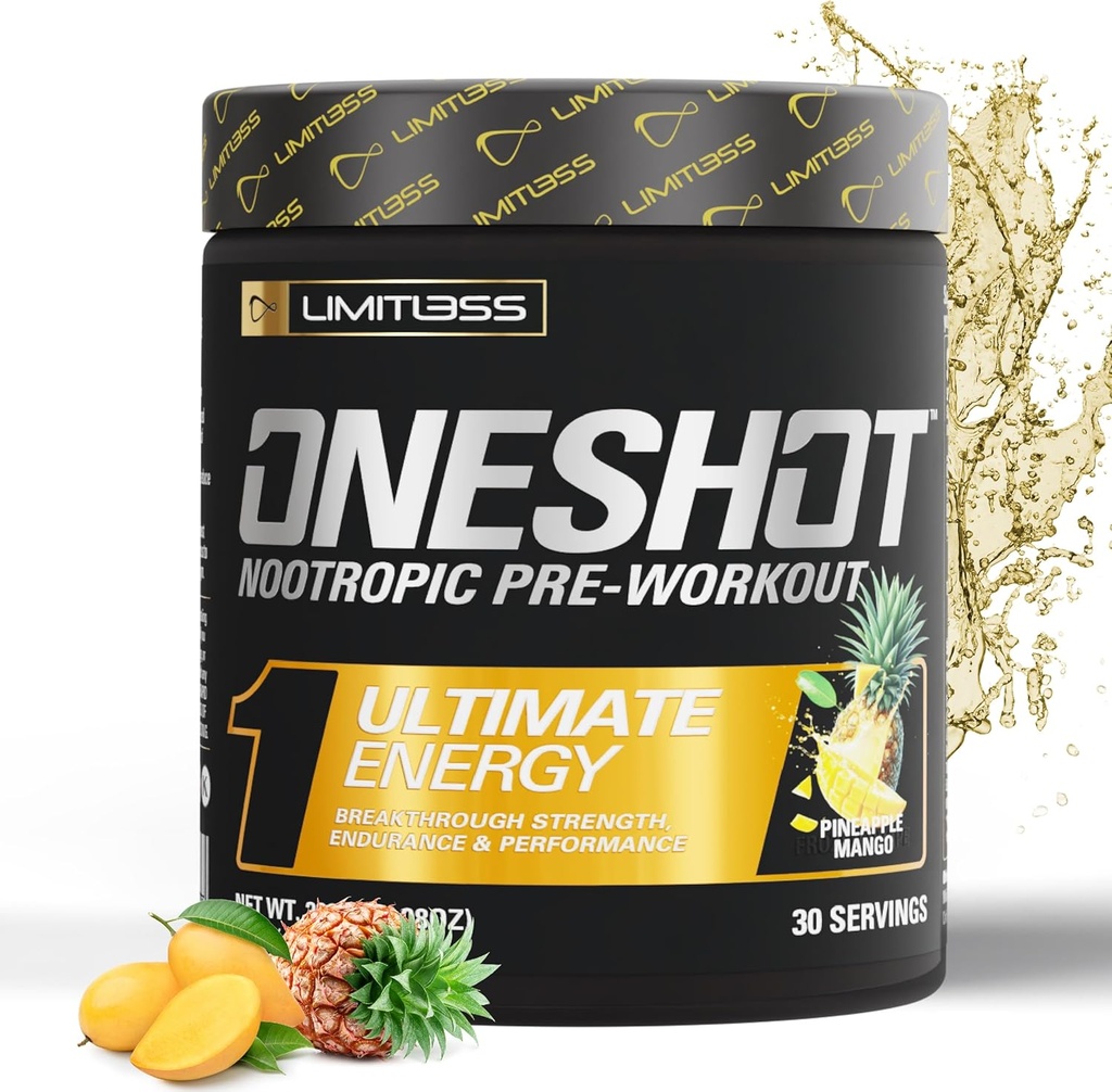 ONESHOT Pre polvere di allenamento per gli uomini e le donne - BCAAS Aminoacidi Supplement Powder, 200 mg di caffeina, Beta Alanine Powder, Citrulline Malate Preworkout Powder - Ananas Mango - 30 Serve