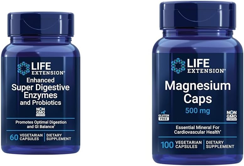 Estensione di vita 60 capsule vegetariane potenziato super digestivo enzimi &amp; probiotici e 100 capsule di magnesio per cuore, ossa, supporto Metabolismo