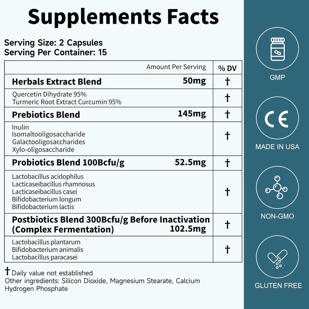 Probiotici Donne Uomini Gut Salute: Digestivo Salute Immune Supporto Bloating Relief Shelf Stable Strains 35B CFU per Capsule Complex con Prebiotici Postbiotici Quercetin & Curcumin Integratore Dietetico