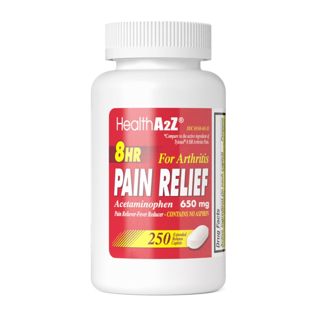HealthA2Z® Pain Relief Extended Release | Acetaminophen 650mg | 8 Hours | Arthiritis Pain | Pain Reliever - Fever Riduttore | Non contiene Aspirina | (250 Caplets)