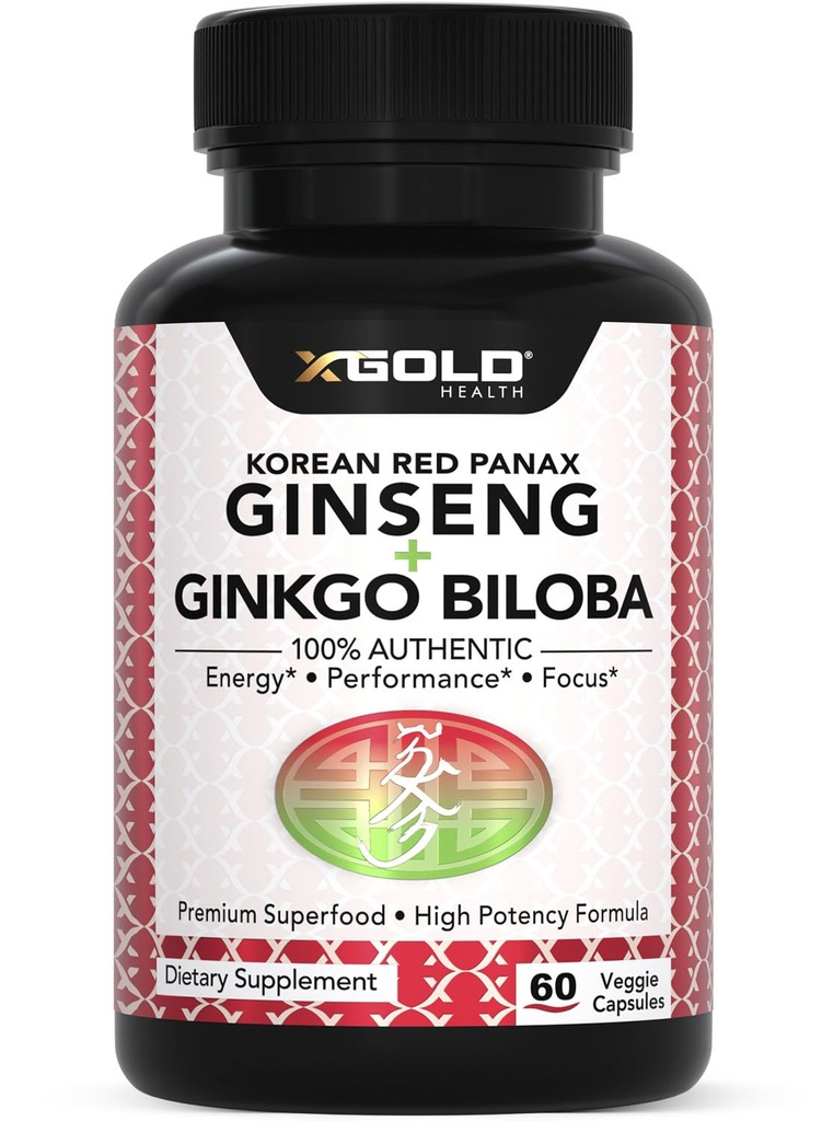 Coreano Rosso Panax Ginseng 1200mg + Ginkgo Biloba - Supplemento della polvere dell'estratto di radice di resistenza w/High Ginsenosides Capsule vegani per energia, prestazioni e messa a fuoco - Supplemento per gli uomini e le donne