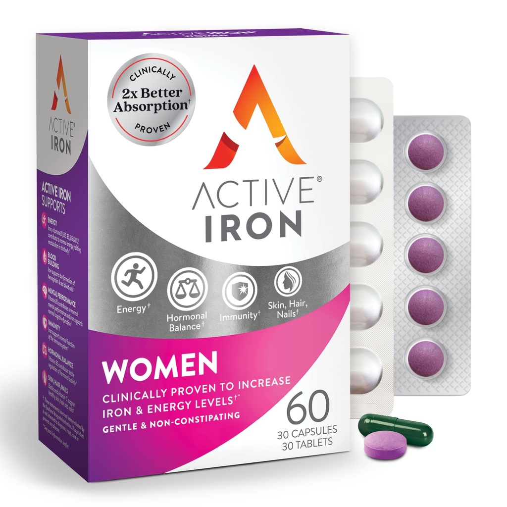 Supplemento di ferro attivo 25mg + Multivitaminico per le donne – clinicamente dimostrato per aumentare l'energia e ridurre la stanchezza – ferro gentile, non costipante + donna Multivitamina – 30 capsule + 30 compresse