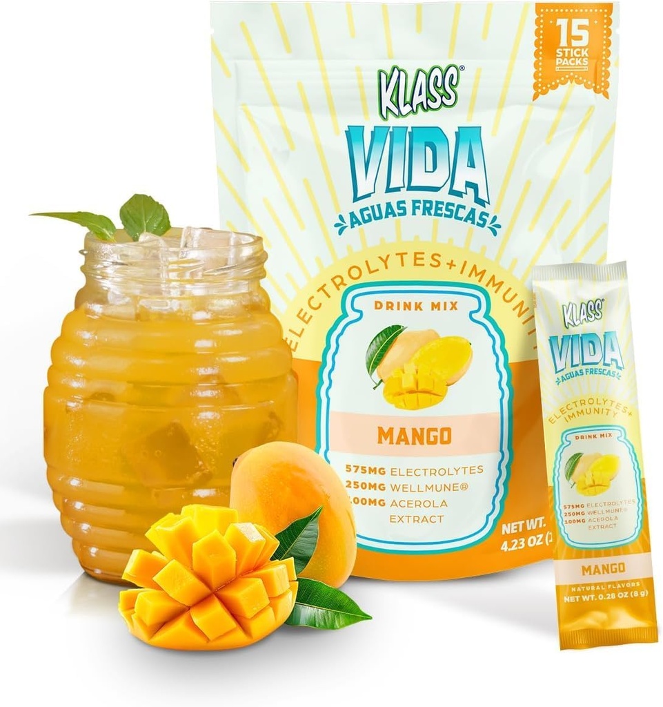 Idratazione + Immunity Electrolyte Drink Mix – Mango Agua Fresca Flavor | Polvere senza zucchero con Wellmune®, Acerola, Coconut Water & Minerals | 15 Stick Packs a singolo livello, Natural Flavor