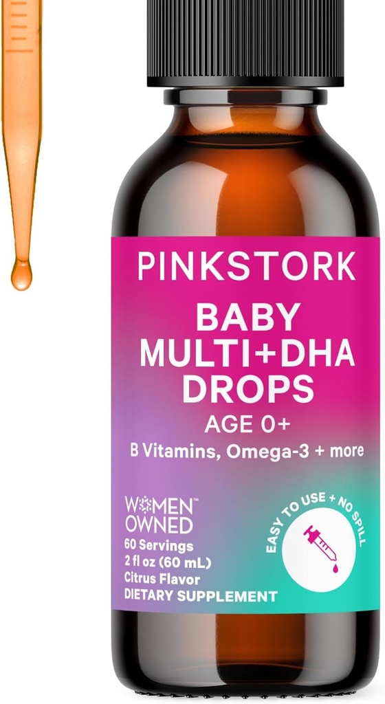 Piccole gocce di Multivitamina del bambino di maiale rosa, gocce di vitamina del bambino e del bambino con DHA, vitamina C, D, B12 e Choline per sostenere la salute del cervello e la funzione immunitaria - 2 fl oz, 2 mesi di alimentazione