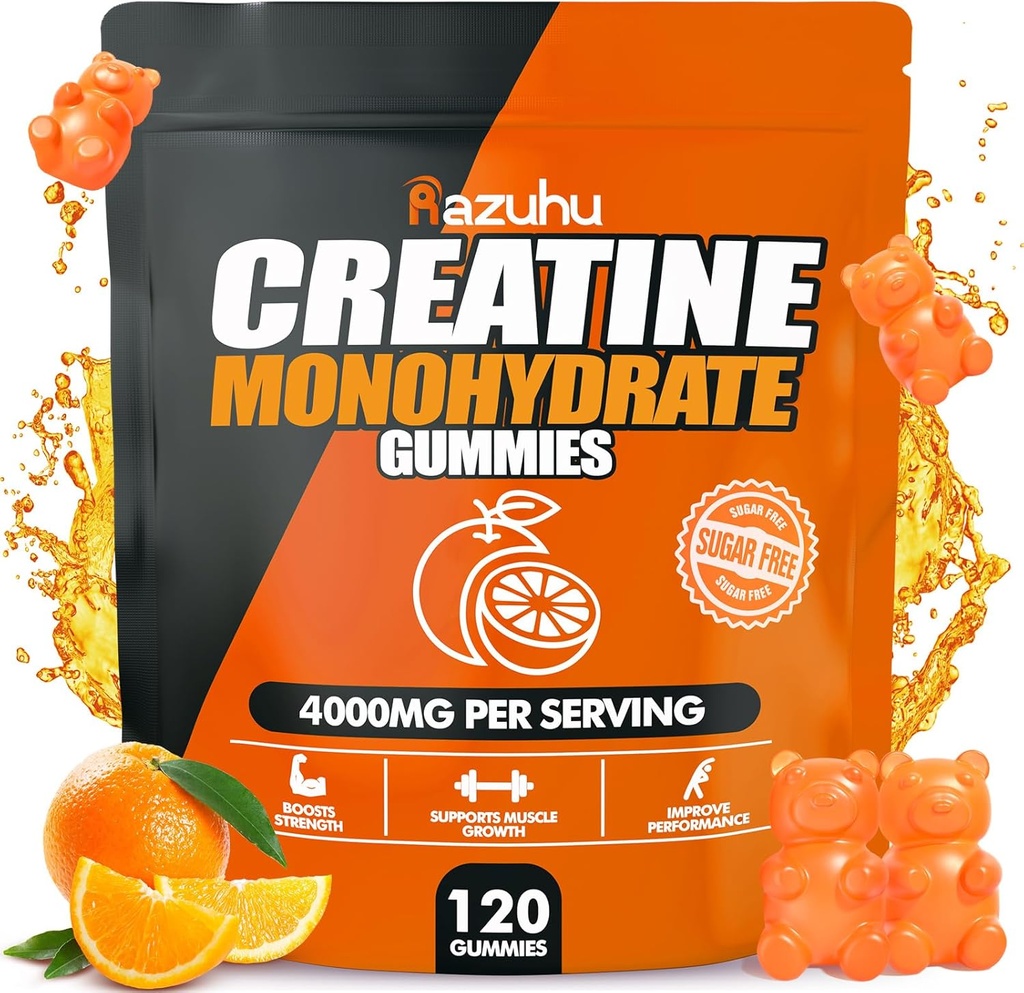 Creatina Monoidrato Gummies per Uomini e Donne, 4g di Creatina Monoidrato per Servente per Massima Potenza, Performance, Zucchero Libero, Vegan, Pre-allenamento Supplemento (120 Conteggio)-Orange