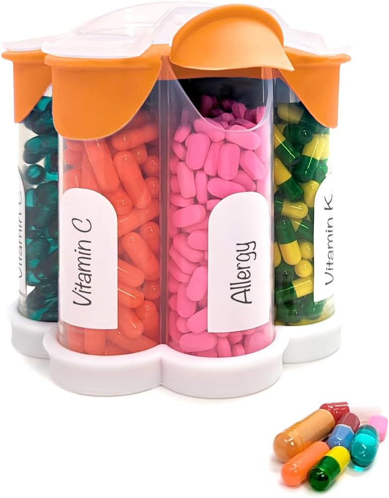 Extra Large Pill Organizer Quotidiano, Settimanale, Bottiglia di supplemento mensile, Dispenser di pillole di Blossom carino con 7 XL scomparti, Scatola di pillole facile apertura per vitamine, farmaci, Etichette incluse (Orange)