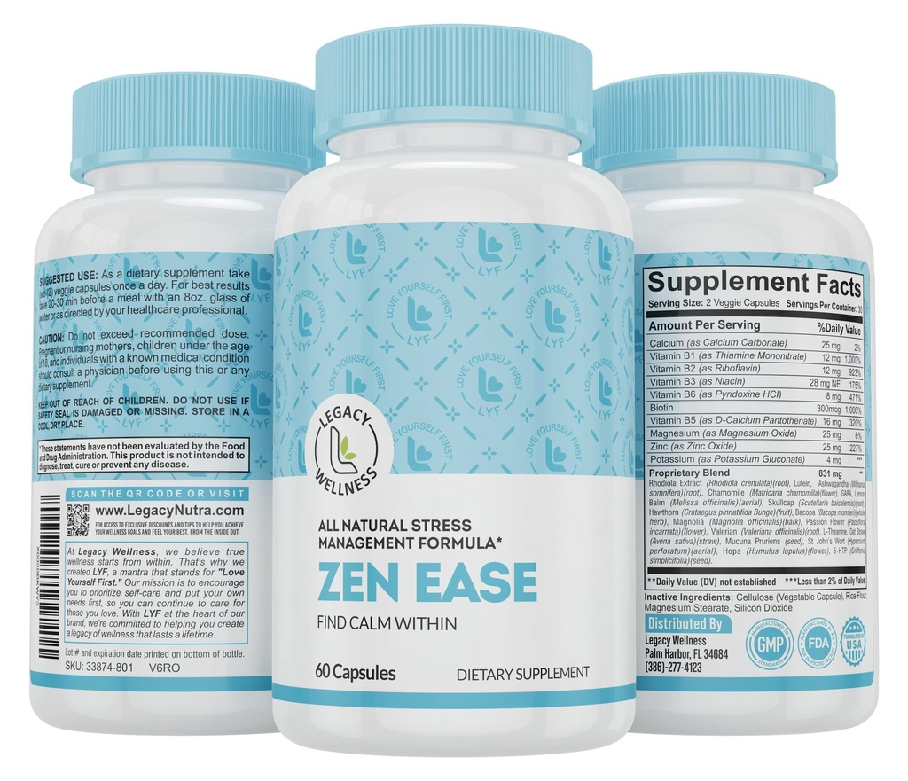 Legacy Wellness Zen Ease Calm Mind Supplement - Natural Vegan Formula - 5-HTP, Ashwagandha, St. John's Wort, L-teanina, Magnesio, B-Vitamins - Capsule per promuovere una buona sensazione di pace
