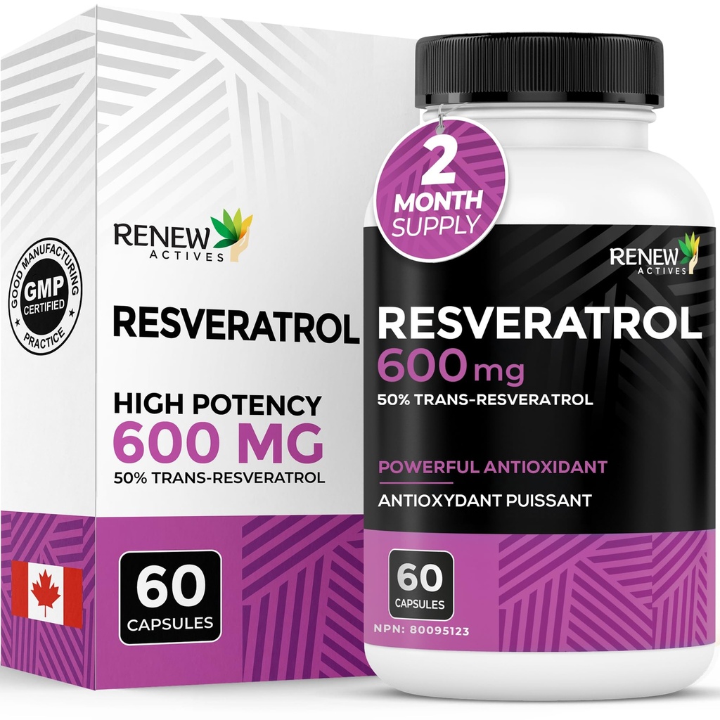 Renew Actives Resveratrol Supplement 600mg per Serving - High-Potency Antioxidant Complex con 50% Trans-Resveratrolo – Supporta la salute cellulare e la longevità - Made in Canada – 60 capsule vegan