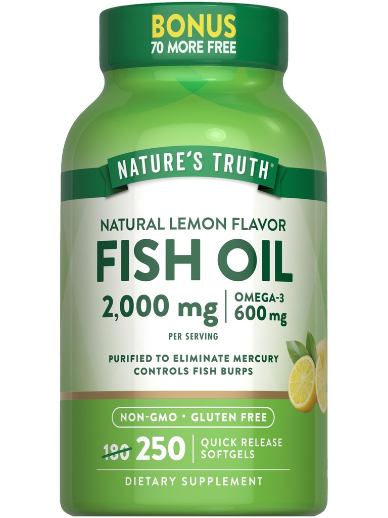 Nature's Truth Fish Oil 2000 mg | 600 mg Omega 3 | 250 Softgels | Natural Lemon Flavor | Non OGM e Gluten