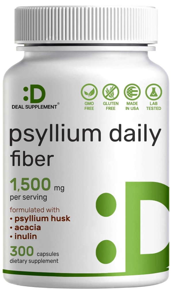 Psyllium Husk 1500mg Per Serving, 300 Capsule – 3 in 1 Supplemento Fibra con Inulin & Acacia Complex – Fibra Solubile Naturale, Supporti Salute Digestiva – Basato sulle piante, Non OGM