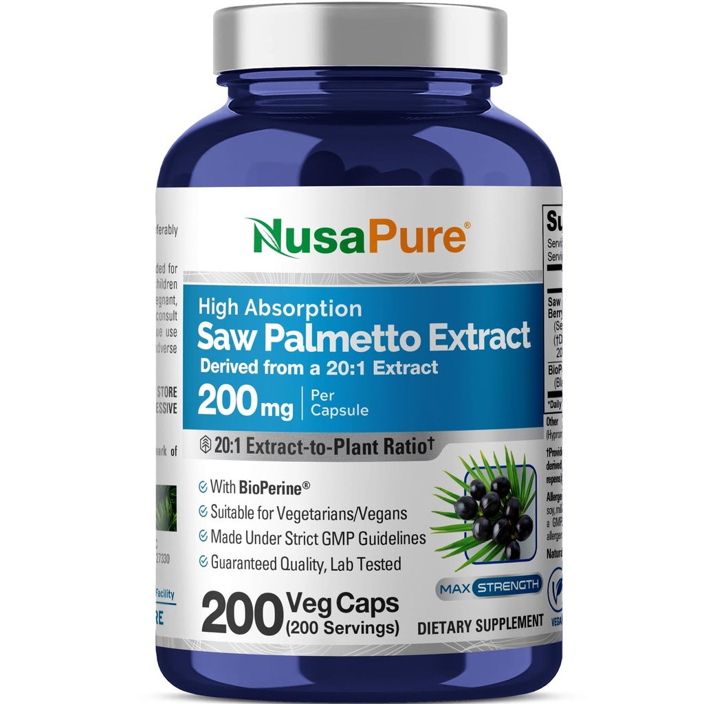 Estratto di Palmetto 20:1 di sega di NusaPure, 200 mg Equivalente a 4.000 mg per Veggie Caps 200 non OGM, Vegan, Vegetariano, Bioperine