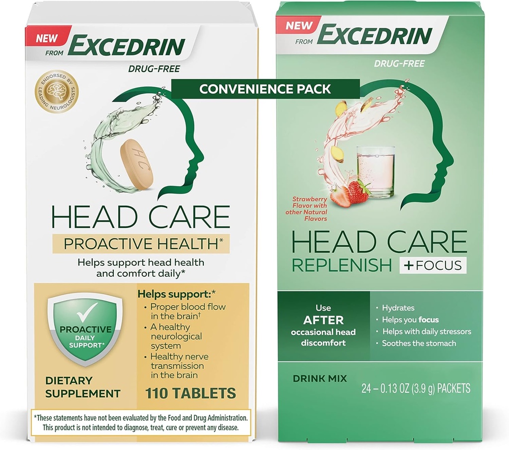 Excedrin Head Care Integratore alimentare Proattivo per la salute - 110 Conte e Cura della testa Replenish Plus Focus Drink Mix da 24 Packets Convenience Pack