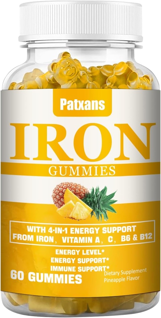 1 Pack 100MG Ferro da stiro Supplemento Gummies per le donne e gli uomini - con vitamina A, C, B - Supporto energetico per la carenza di ferro, anemia, adulti e bambini, Ananas Flavor Gummy, 60ct.