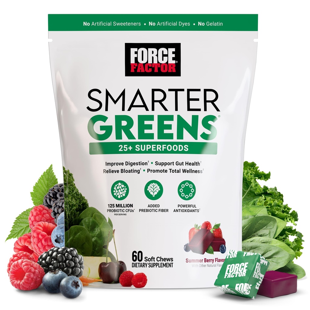 FORCE FACTOR Smarter Greens Superfood Chews, Verdi e Superfoods con Probiotici, Antiossidanti, e Fibra, Greens Supplemento alla Digestione di sostegno, Ossido nitrico, e l'energia, 60 Soft Chews