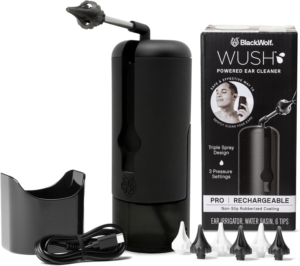 Wush Pro da Black Wolf- Deluxe Water Powered Ear Cleaner- Safe & Effective- Electric Triple Jet Stream 3 impostazioni di pressione per l'orecchio Wax Buildup- Ear Wax Kit di rimozione - Water Resistant USB ricaricabile